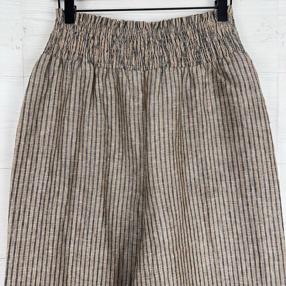 Boden Linen Shirred Waist Trousers Wide Leg Women 6R Camel Black Stripe Pull On - Picture 8 of 16